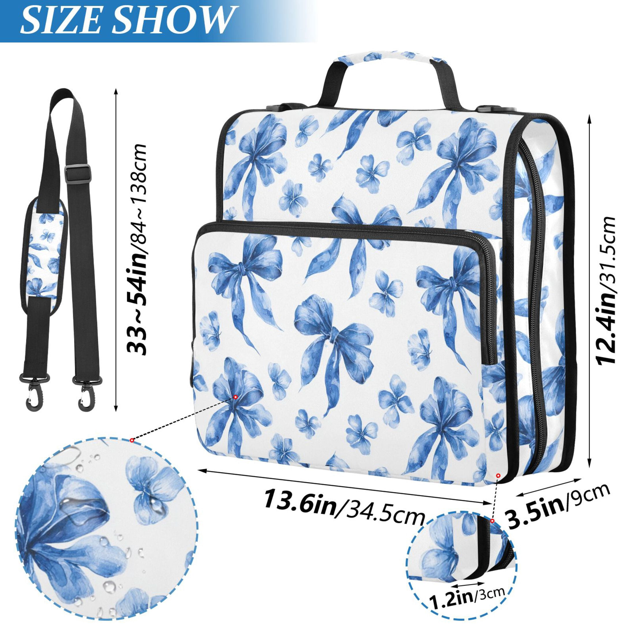 Zipper Binder Blue Bows and Floral 1.5 Inch Binder Folder Bag with Shoulder Strap and Handle