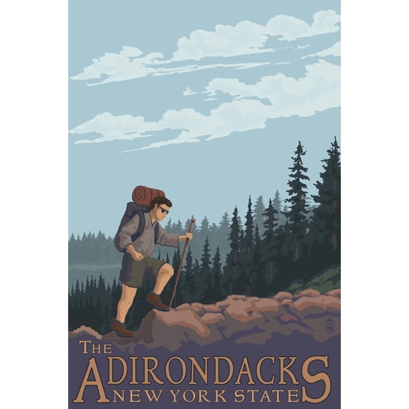 Art.com The Adirondacks, New York State - Hiking Scene Art Print by Lantern Press, 12" x 18"
