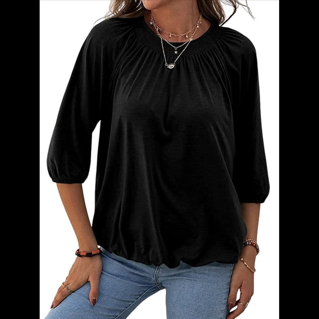 Camiseta de Cuello Redondo para Mujer, Blusa de Algodón de Media , Mangas 3/4, Informal, Holgada, Plisada, Básica. Negro XXL