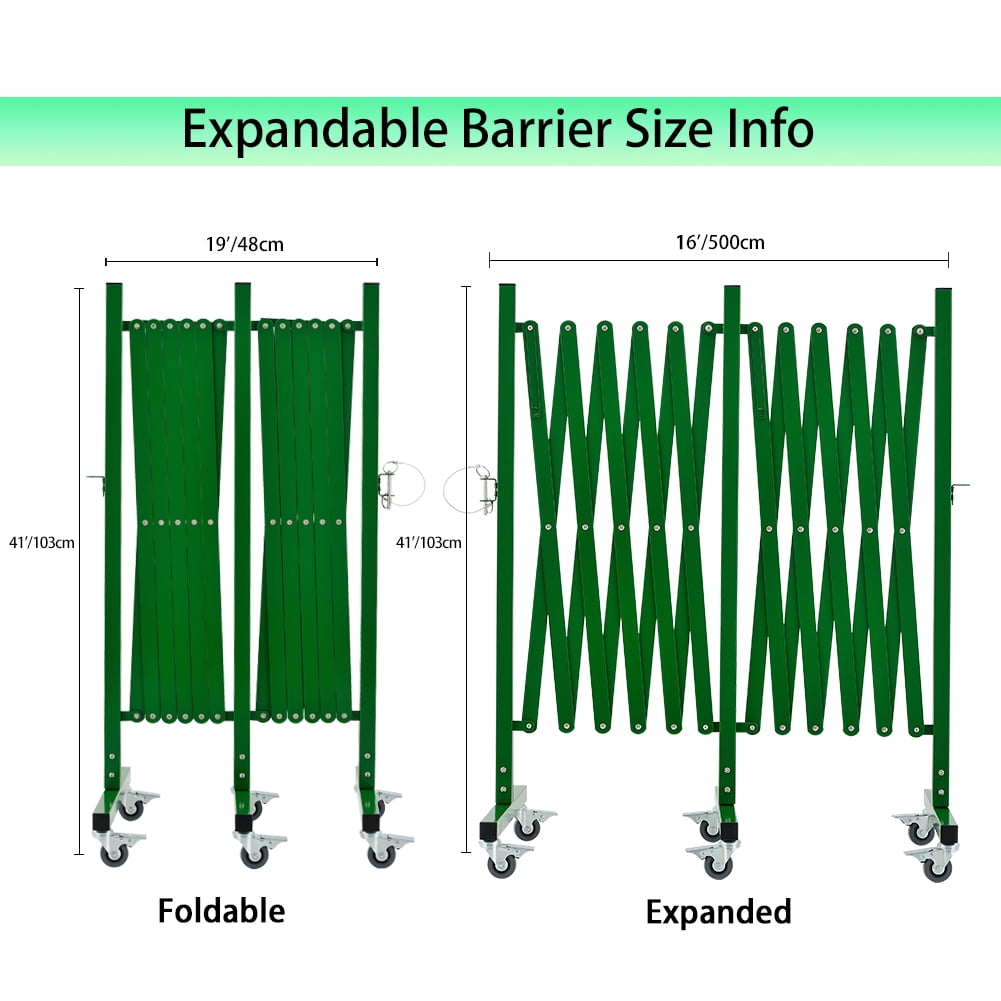 Industrial Expandable Metal Barricade, 16 FT, Green, Portable Safety Barrier with Casters, Flexible Fence Mobile Barrier Gate