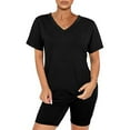 thumbnail image 3 of Ensemble Deux Pièces pour Femmes Manches Courtes Col en V Shorts de Cycliste (Noir, TG), 3 of 6