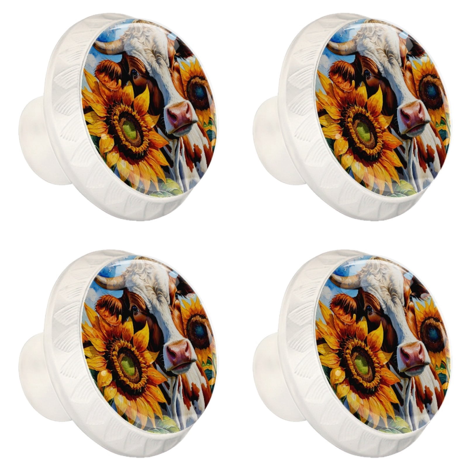 4 Pcs Cow and Sunflower Knobs for Kitchen Cabinet Cupboard Dresser Bookcase Drawer Pulls Handles Round Home Decor