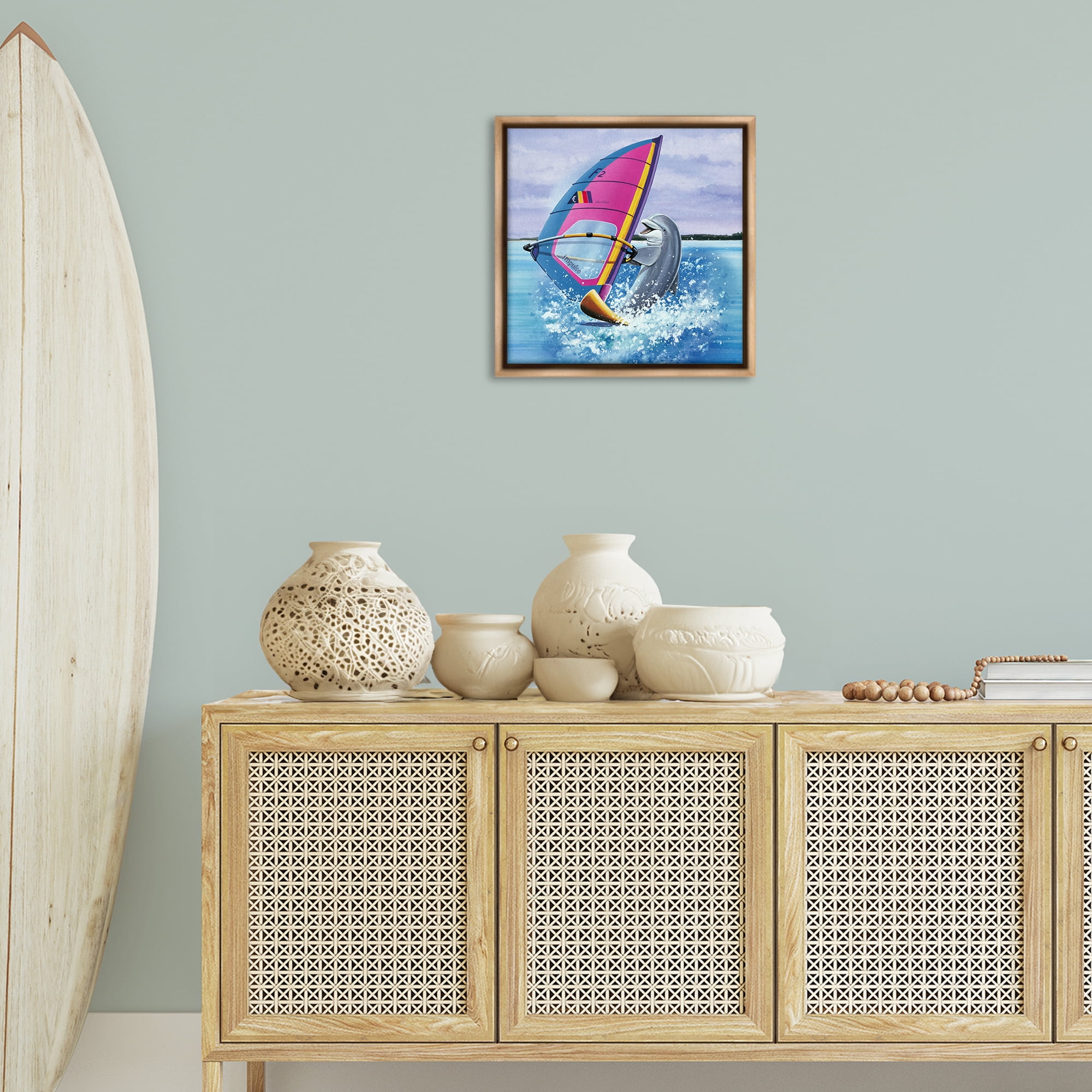 Stupell Industries Wind Surfer Dolphin Animals Painting Brown Floater Framed Canvas Art Print Wall Art, 18 x 18