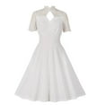 thumbnail image 3 of QUYUON Women White Graduation Dress Elegant Formal Crew Neck Floral Lace Short Sleeve Cocktail Dress Front Hollow Out Evening Party Wedding Guest A-Line Swing Dress, White M, 3 of 9