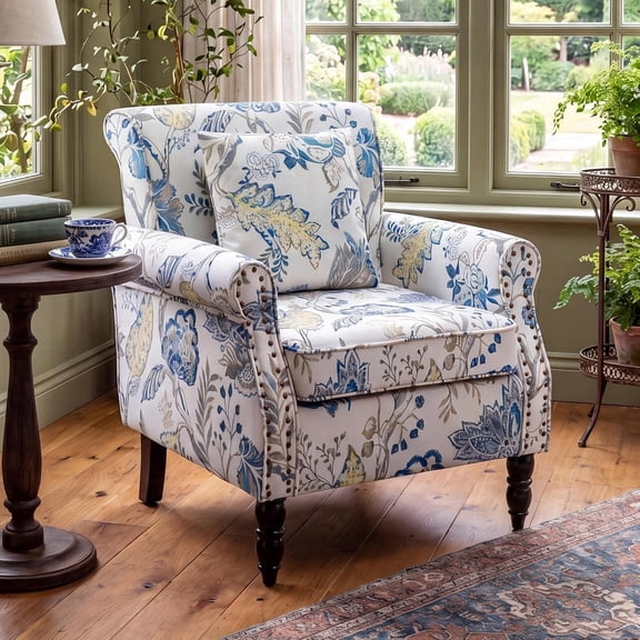 Vintage Floral Print Armchair,featuring durable linen fabric and solid wood legs.Vibrantly colored accent chair is perfect for bedrooms, living rooms,reading nooks,and entryways,Blue