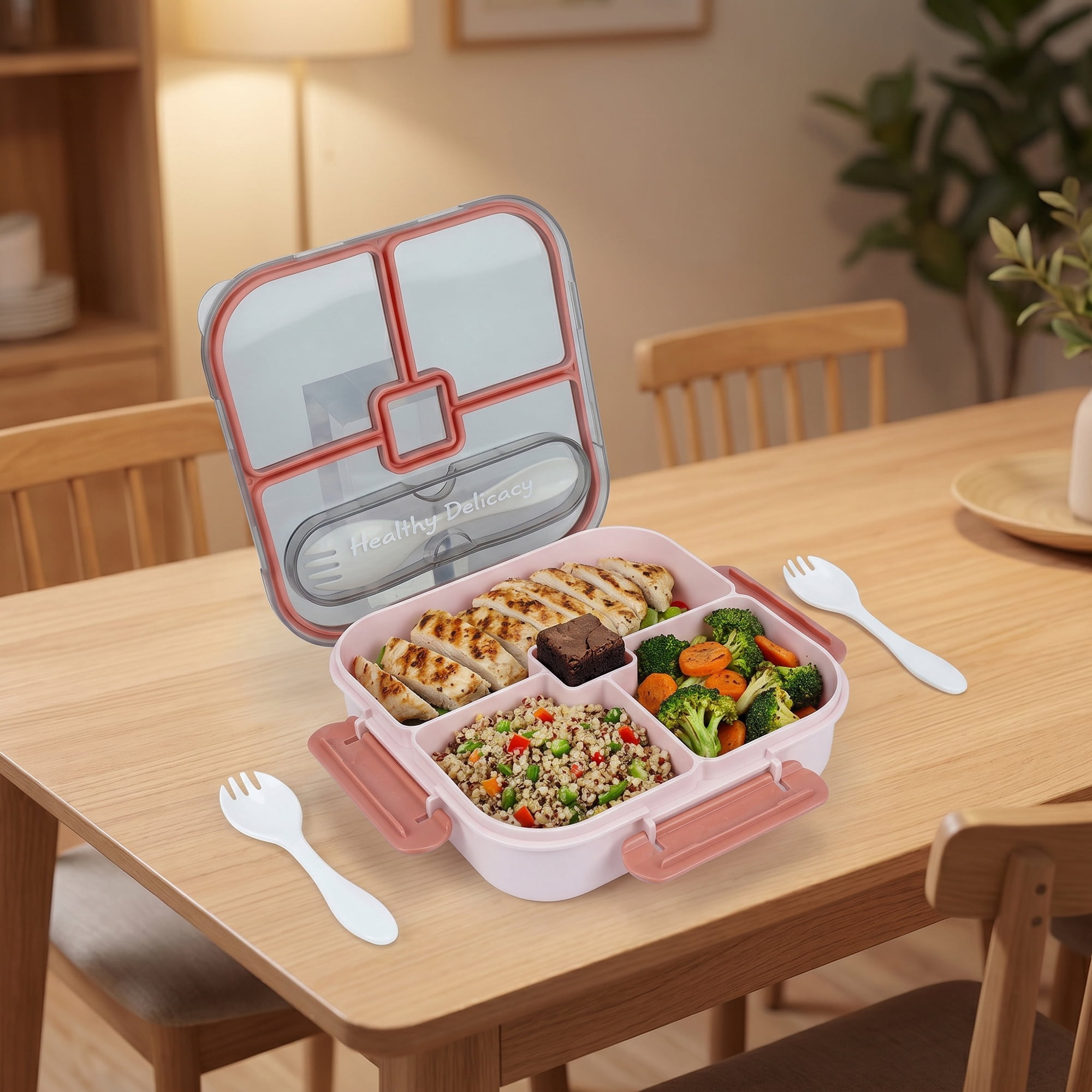 Unique Bargains Bento Lunch Box with Built-in Cutlery Slot for Work Travel Pink-1