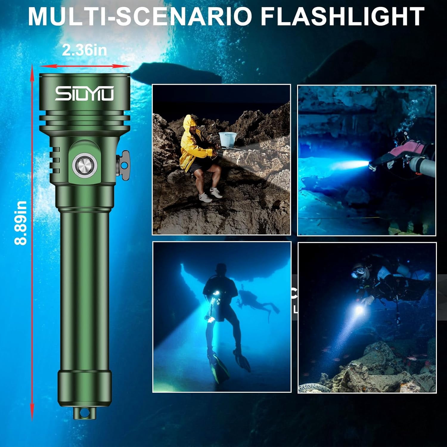 Siuyiu 3000 Lumen Rechargeable Waterproof LED Scuba Diving Flashlight, 1 Pack
