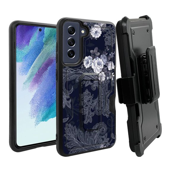 ANJ  Rugged Dual Layer Hybrid Holster Kickstand Case w/ Card Slot   Tempered Glass Cover for Samsung Galaxy S21 FE 5G - Paisley Roses