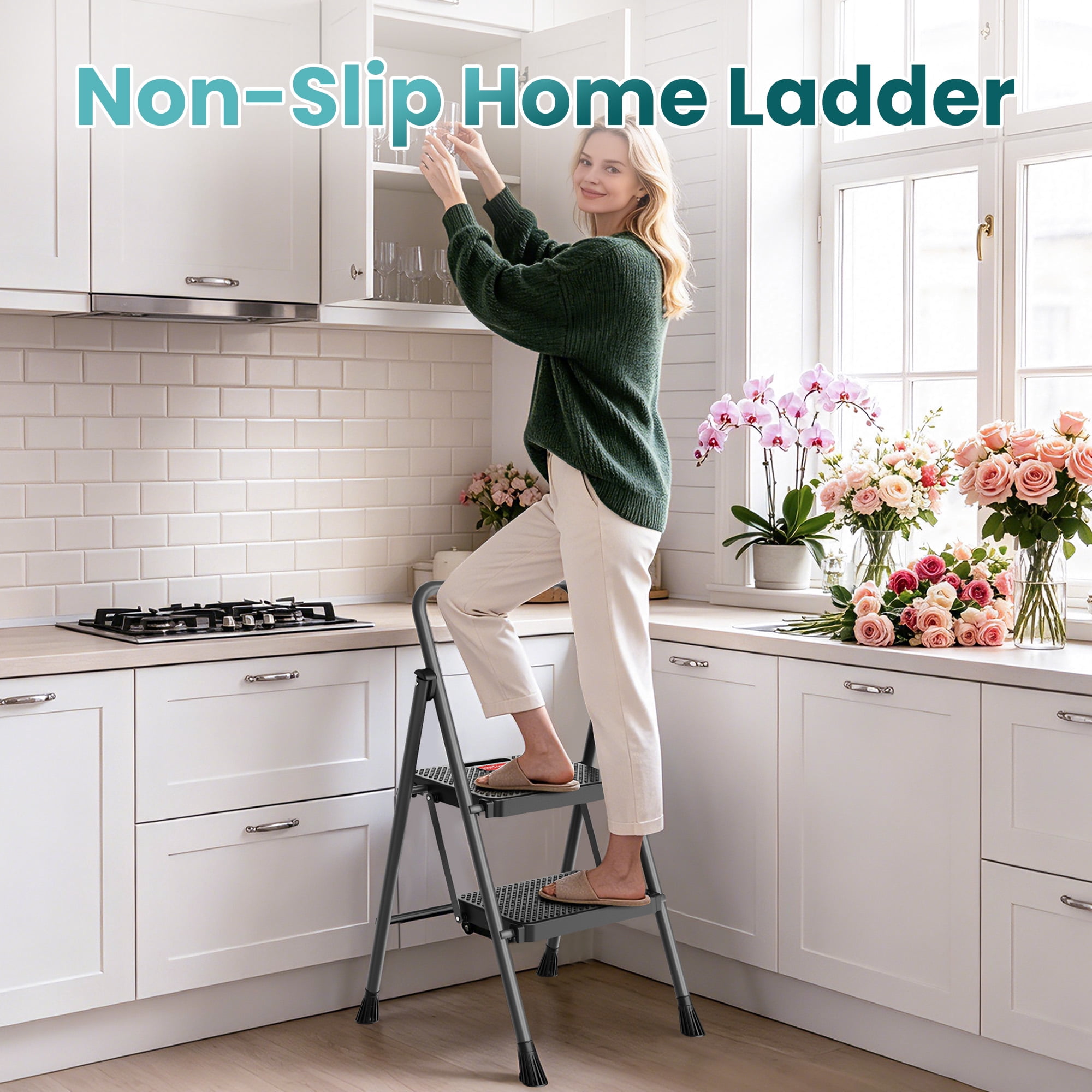 HBTower 2 Step Ladder, 330 lbs Heavy Duty Folding Step Stool, Lightweight, Portable Step Stool with Wide and Non-Slip Pedal and Convenient Handrail, for Kitchen, Garage, Outdoor Use, Gray