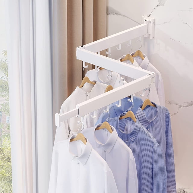SHAR (Hooks, White) Clothes drying rack, clothes drying rack, laundry room organization, wall mounted clothes drying rack, folding wall mounted clothes drying rack, retractable clothes