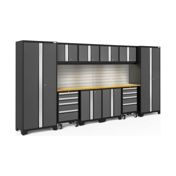 NewAge Products Bold Series Gray 12 Piece Cabinet Set, Heavy Duty 24-Gauge Steel Garage Storage System, Slatwall / LED Lights Included