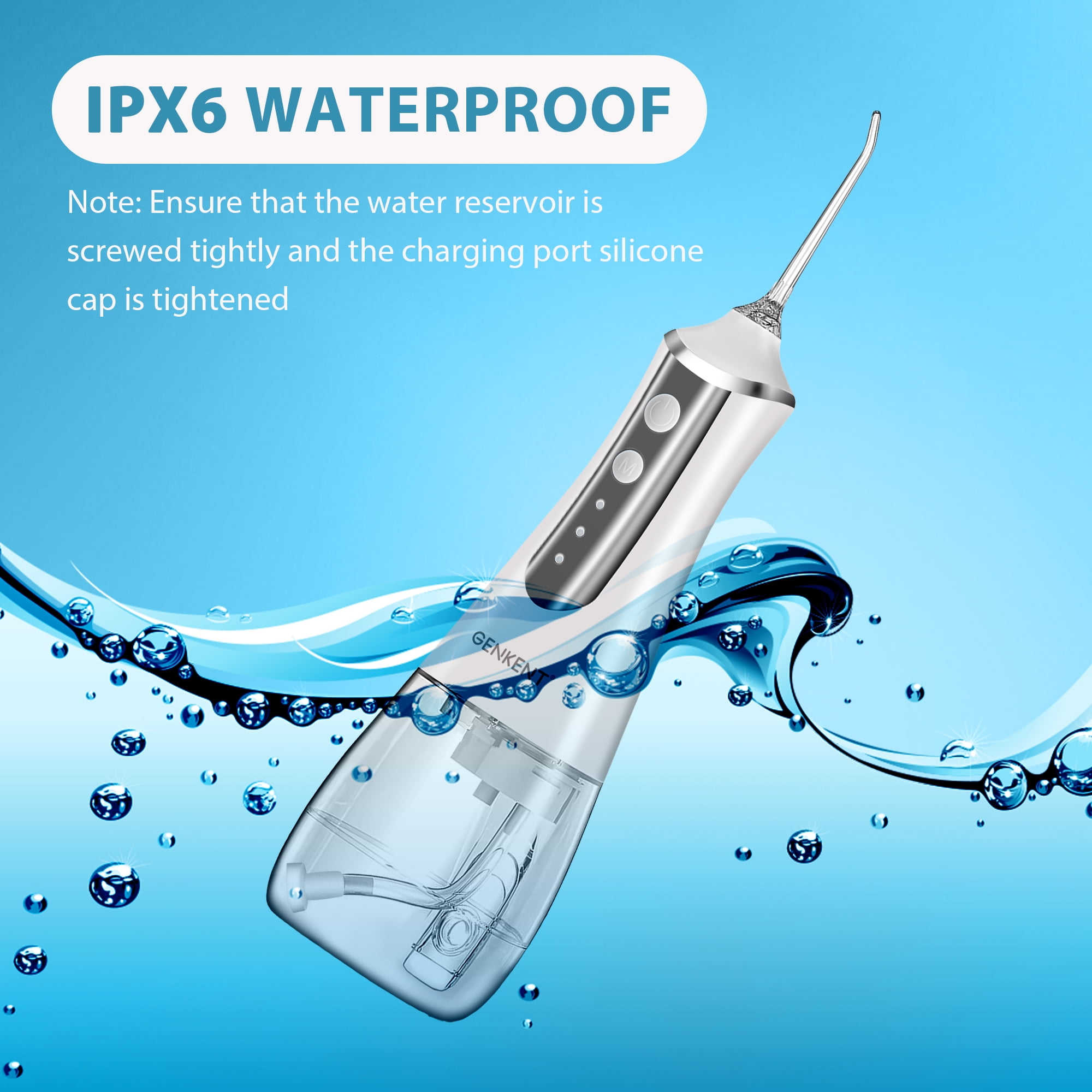 GENKENT Water Flosser for Teeth, Cordless Dental Flosser 3 Modes 5 Tips Rechargeable, White