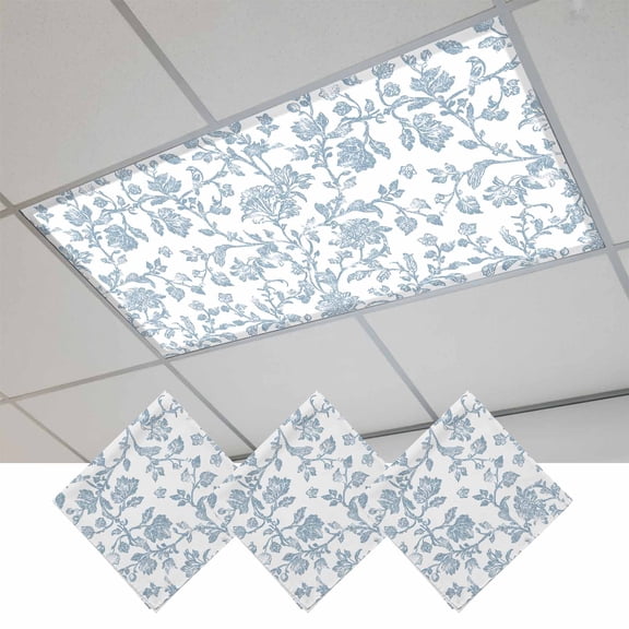 Light Blue Flower Fluorescent Light Covers, Vintage Farmhouse Boho Leaf Spring Magnetic Light Covers for Ceiling Lights, Fluorescent Ceiling Shade Filters for Classroom Bedroom Office 4x2Ft x 3PCS