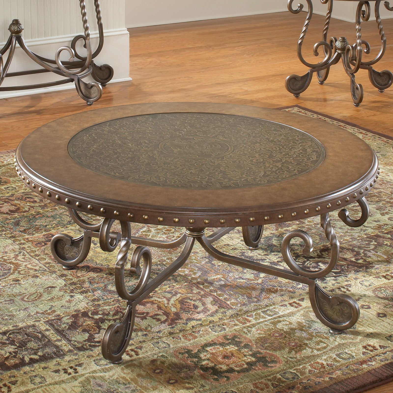 Metal Etched Round Coffee Table with Nailheads