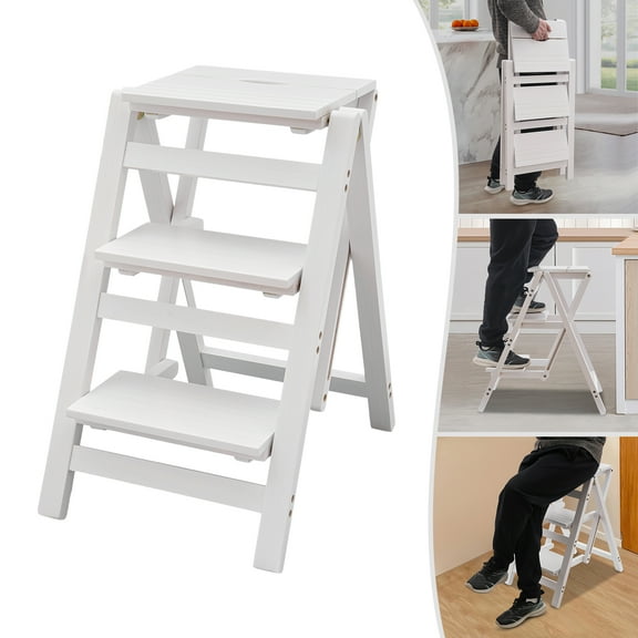 3 Step Ladder, White Folding Step Stool with/Wide Antislip Pedal,Convenient Handgrip, Portable Step Stool 220.46lbs Load-Bearing Capacity
