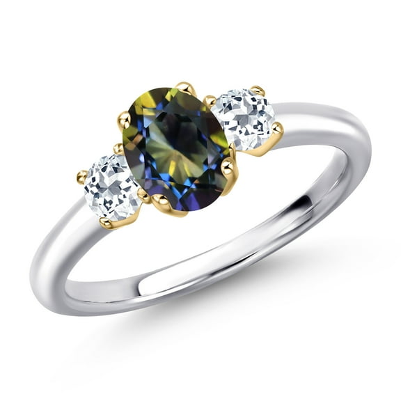Gem Stone King 10K Two Tone Gold Blue Mystic Topaz and White Topaz Engagement Ring for Women | 1.38 Cttw | Oval 7X5MM | Gemstone November Birthstone | Size 8