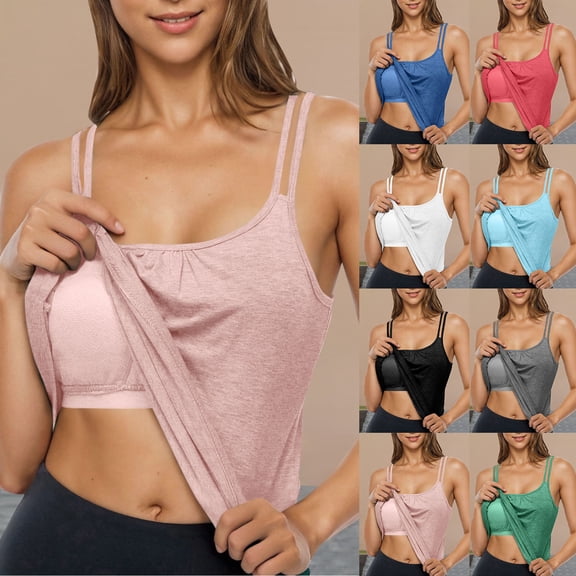 Miorin Women Double Spaghetti Strap Scoop Neck Tank Tops with Built-in Padded Bra, Modal Loose Flowy Wireless Shelf Bra Undershirt, Solid Layering Cami for Yoga Workout Summer Daily Casual, Blue L
