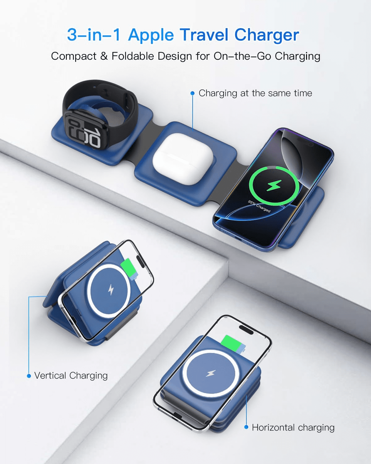 Charging Station for Apple Multiple Devices - Travel Charging Pad for iPhone 12-17 Pro Max Plus Watch & Airpods（Blue）