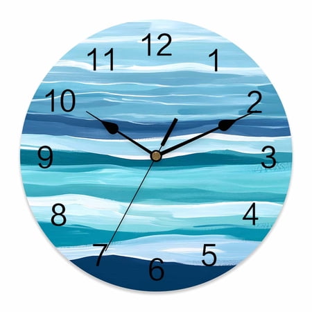 14 Inch Summer Coastal Wall Clock, Abstract Ocean Wave Blue Teal Stripes Battery Operated Silent Non Ticking Clocks, Easy to Read Round Wall Clock for Kitchen/Living Room/Bedroom/Bathroom