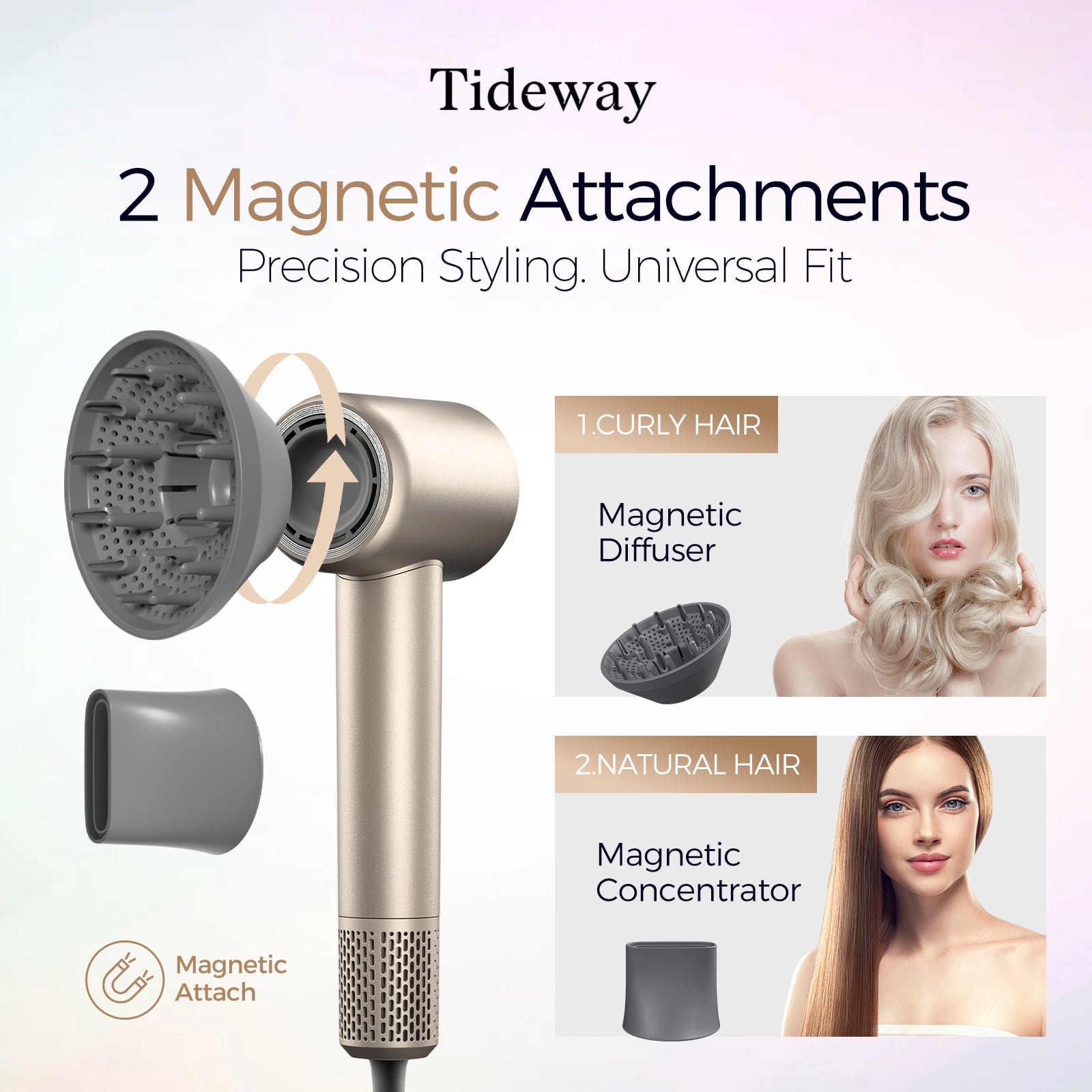 Tideway H11 Hair Dryer with Diffuser, High-Speed 110,000 RPM Brushless Motor, Plasma Tech, Smart Temp Control, Lightweight, Gold