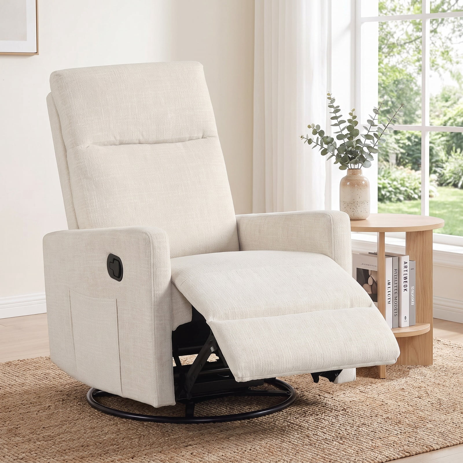 Furnibear Swivel Rocking Chair with 360 Degree Base Reclining Backrest and Extending Footrest for Nursery and Living Room, Beige