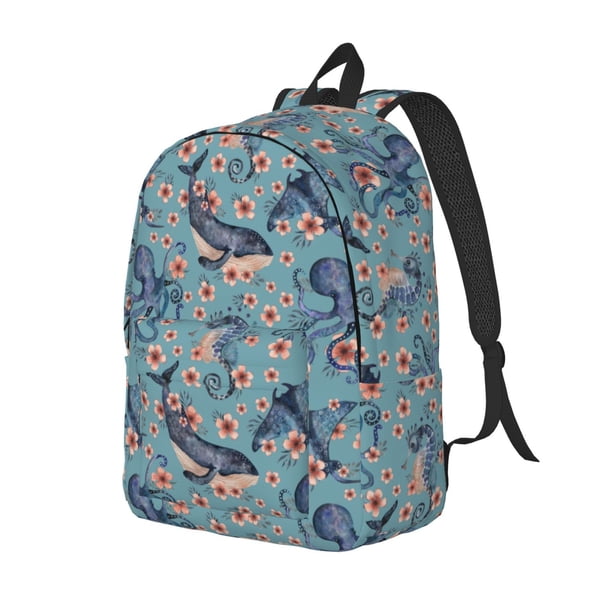 Easygdp Underwater Animals and Flowers Mochila de Lona Resistente para Laptop, Compatible con Laptops de 15 a 17 pulgadas, Ideal para Escuela, Trabajo y Viajes-Medium
