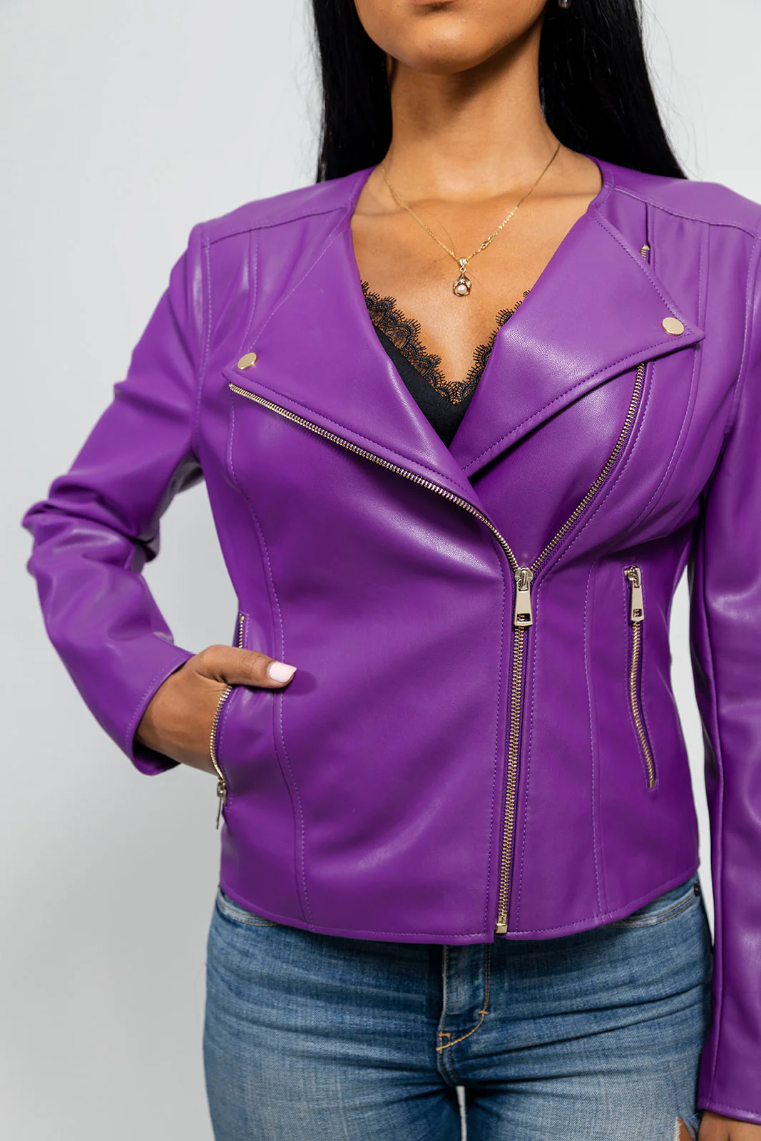 Whet Blu VIOLET Vegan Faux Leather Fashion Zip-Up Stylish Design Lightweight Outerwear Jacket Women Purple Large