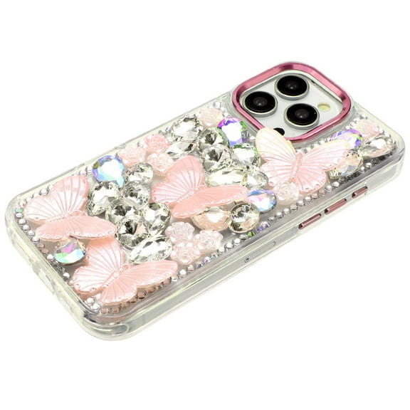 XPM for Apple iPhone 15 Pro Max 3D Diamond Floral Butterfly Bling Stone Hybrid, Sparkly Rhinestone Gemstone Back Shockproof Phone Case Cover (Pink)