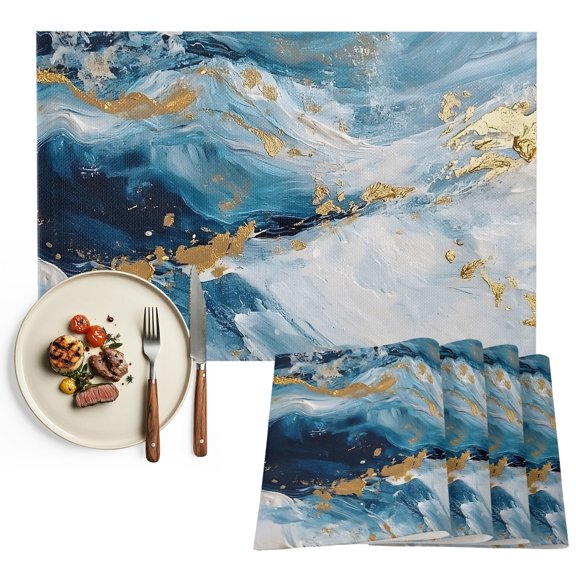 Blue Oil Painting Placemats Set of 6, Modern Marble Art Abstract Washable Wipeable Table Mats for Dining Tables, Indoor Outdoor Kitchen Place Mats for Holiday Party Table Decor