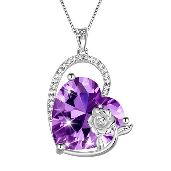 Juwaliy 925 Sterling Silver 15MM Heart Necklace Women February Birthstone Amethyst Jewelry Purple Rose Flower Pendant Mother Birthday Valentine's Day Gift