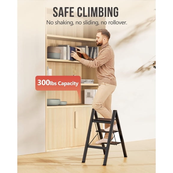 3 Step Ladder, Foldable Step Stool, Lightweight Ladder for Home Kitchen Closet, Anti-Slip Aluminum Pedals, Ease of Folding, Portable, 300lbs Capacity - Black
