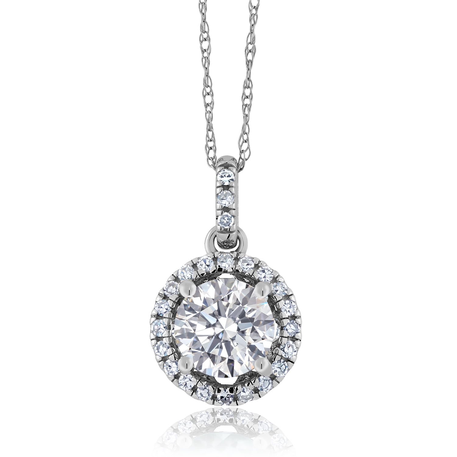 Gem Stone King 14K White Gold Lab Grown Diamond Pendant Necklace for Women | 0.98 Cttw | Gemstone April Birthstone | Center Round 6MM | DEF Color | VVS-VS Clarity | With 18 inch Chain