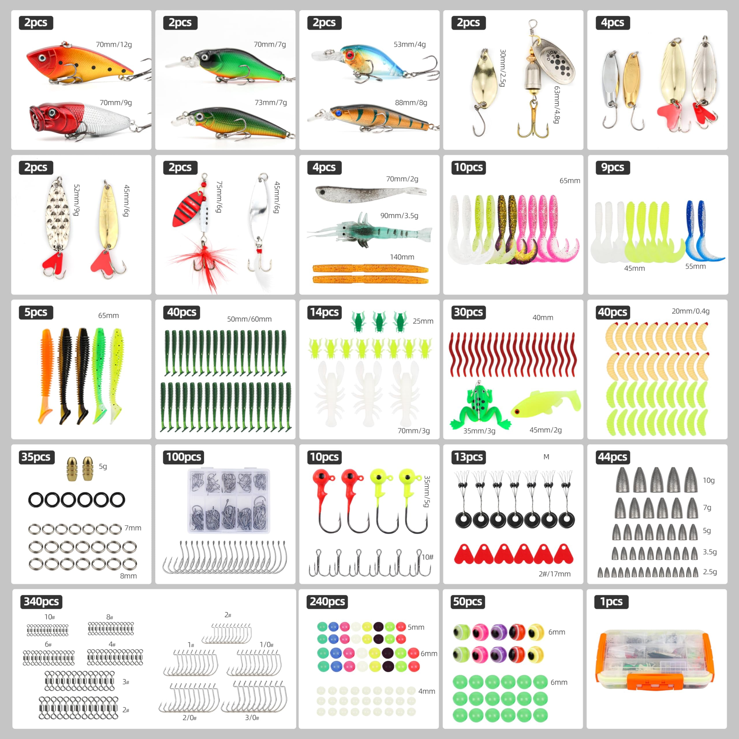 Fishing Tackle Box Set - Lure Kit For Freshwater & Saltwater  Crankbaits Spinnerbaits Soft Plastics Jigs Weights Hooks All-in-one Gear Men