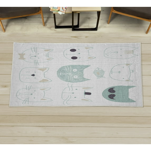 Cat Decorative Rug, Pets Moustache Bow Tie Hat Crown Fluffy and Fish Humor Faces Graphic, Quality Carpet for Bedroom Dorm and Living Room, 6 Sizes, Pale Teal, by Ambesonne