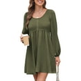 thumbnail image 2 of Women'S Casual Dresses Smocked Crewneck Button Up Long Sleeve Waist A-Line Mini Dress Green M, 2 of 8