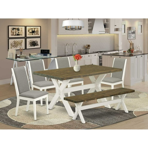 East West Furniture X076LA206-6 6-Piece Stylish Rectangular Dining Room Table Set a Great Distressed Jacobean rectangular Table Top and Distressed Jacobean Indoor Bench and 4 Stunning Linen Fabric...