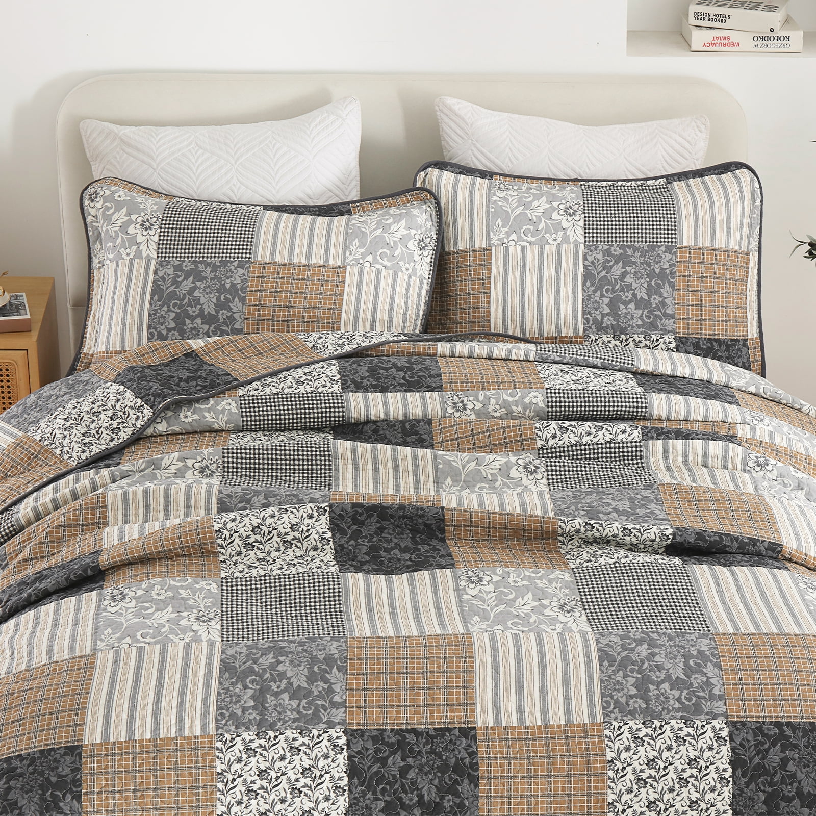 DDUOXIN Brown Plaid King Size Quilts - 100% Cotton King Size Quilt Set, Floral Gray Brown Patchwork Quilt Bedspreads for King Bed, Lightweight Reversible Coverlet Bedding Set with 2 Pillow Shams