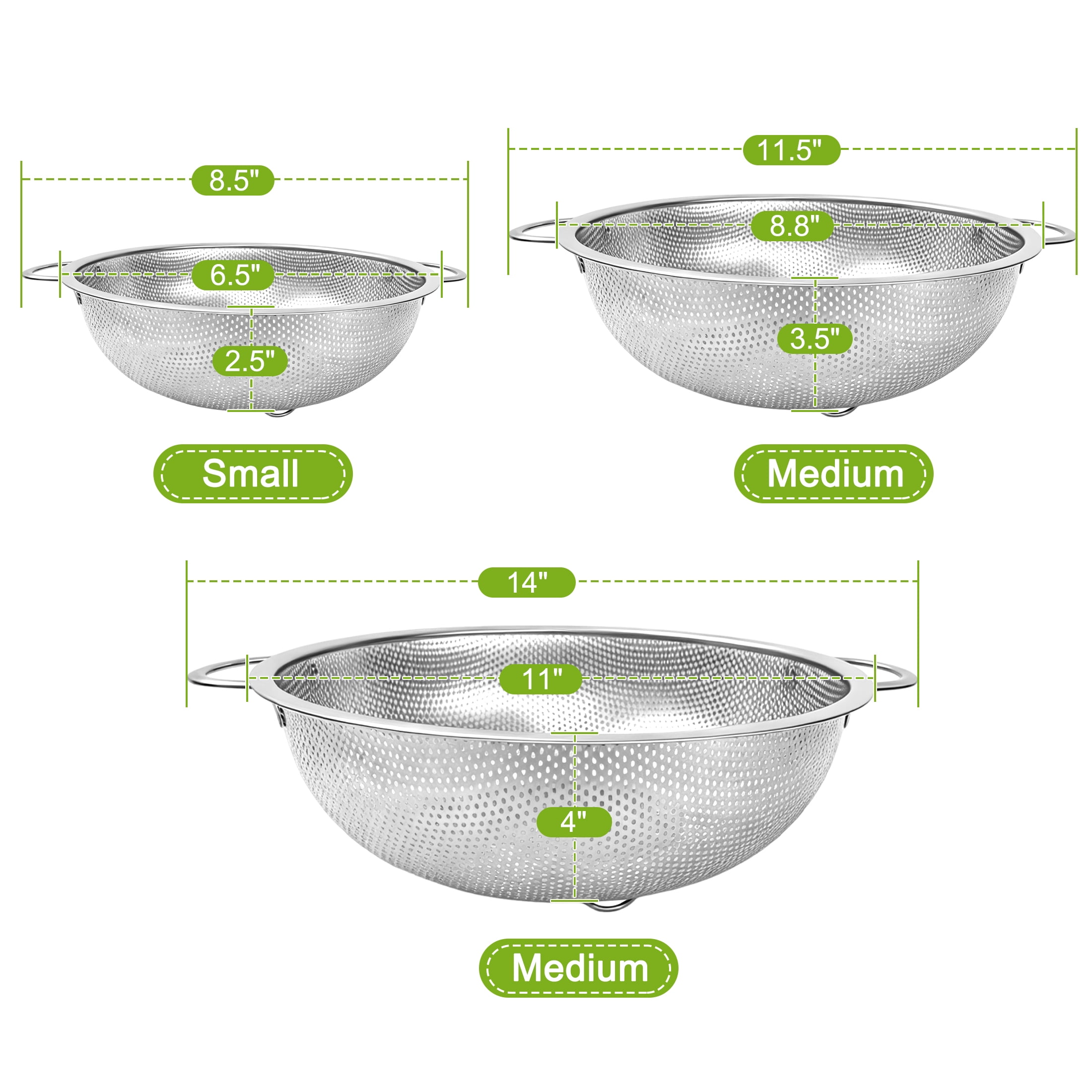 GARITIN Colander Set 3 Pack, Stainless Steel Strainer Bowl, Micro Perforated Strainer Bowl, Kitchen Food Drainer for Pasta Fruit Vegetable Draining