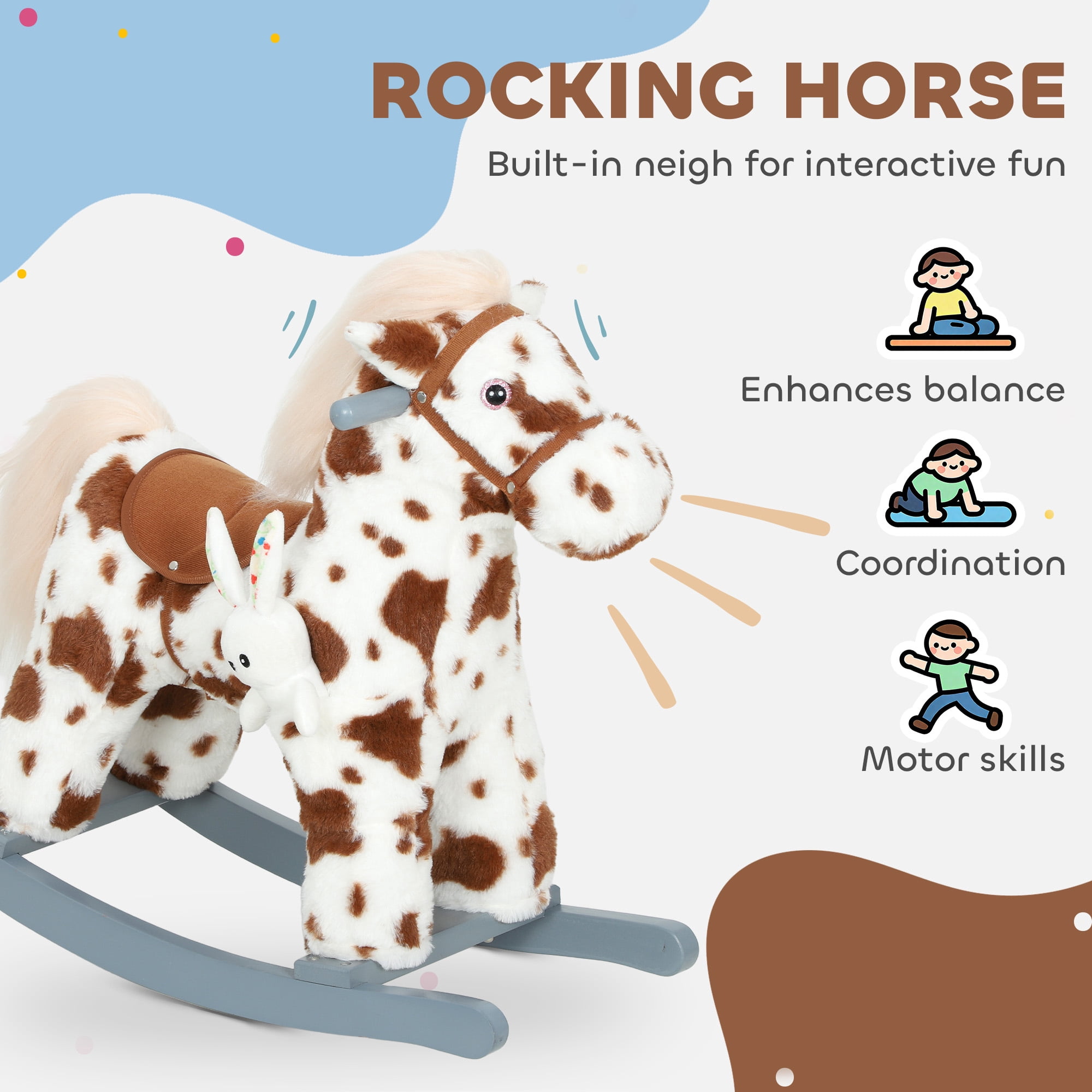 Qaba Kids Rocking Horse, Animal Rocker with Rabbit Toy and Realistic Neigh for Toddlers, Soft Filling Ride on Pony, Brown