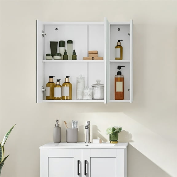 Yaheetech Wall Mirror Storage Cabinet with 3 Doors and Adjustable Shelf, White
