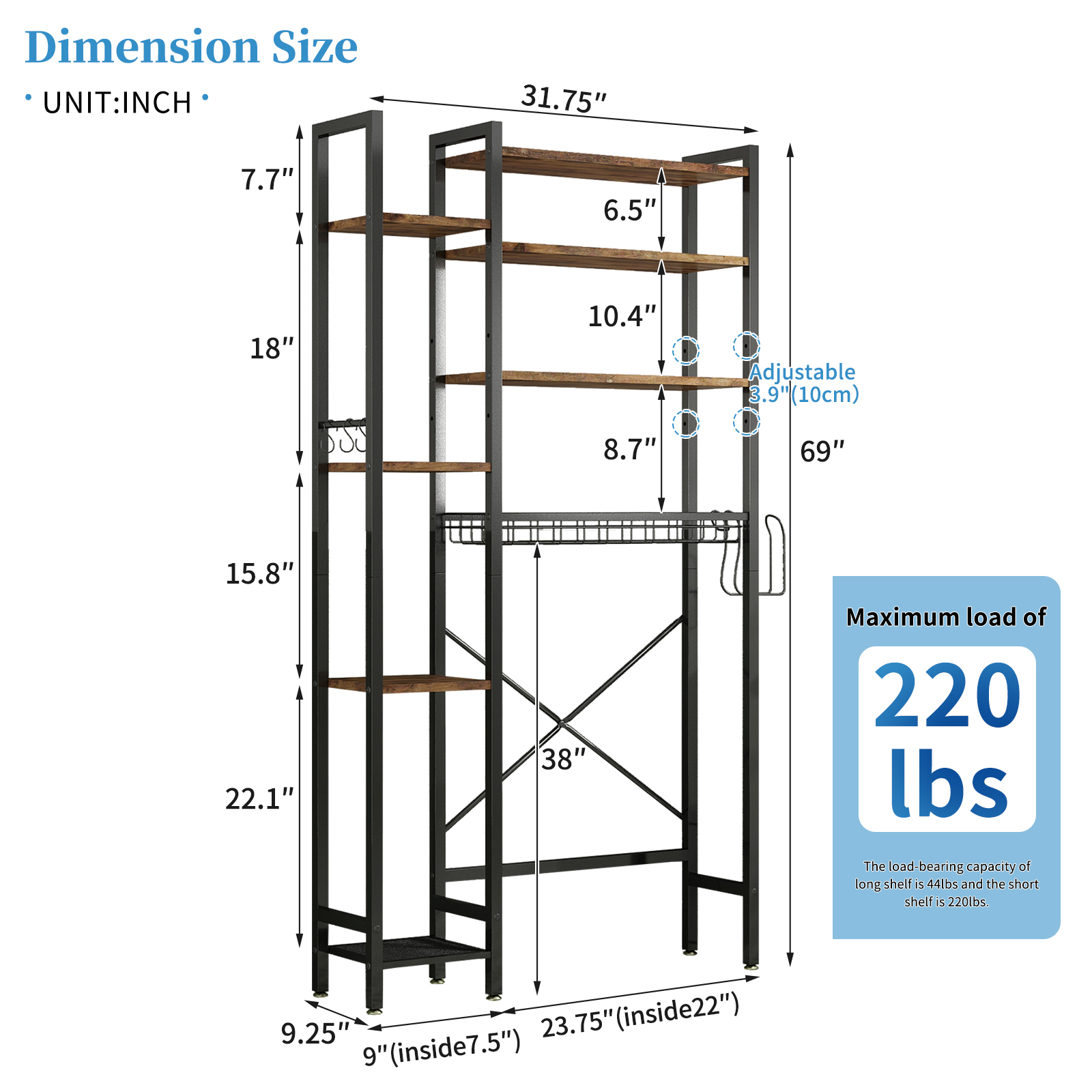 YIYADO 8-Tier Over The Toilet Storage with Side Rack, Over Toilet Storage Rack with Adjustable Shelf & Drain Basket, Freestanding Bathroom Organizer for Balcony, Laundry (Vintage Brown)