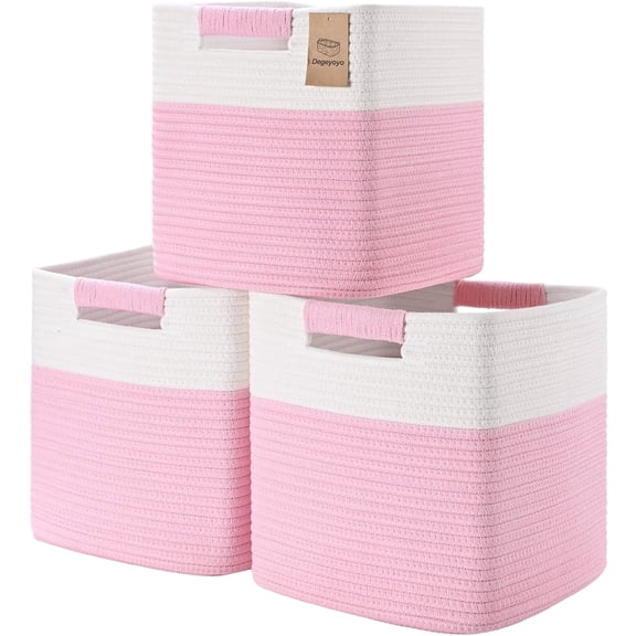 Natubeau 3 Pack Woven Storage Basket for Shelves, Cube Storage Bins, Cotton Rope Woven Baskets for Organizing, 11 Inch, Pink