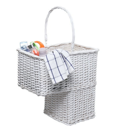 Large White Wicker Toy Box Large Capacity Stair Basket for Staircases | Wicker Woven Storage Bin for Stairs | Natural White Organizer Baskets | Handles | Reduce Clutter ()