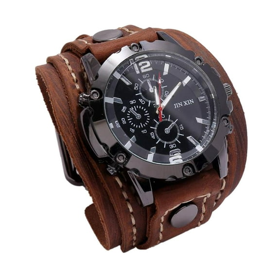 Punk Vintage Wrist Watch, Wide PU Leather Belt Strap Cuff Roman Numerals Wristwatch, Watches for Men Women , Brown