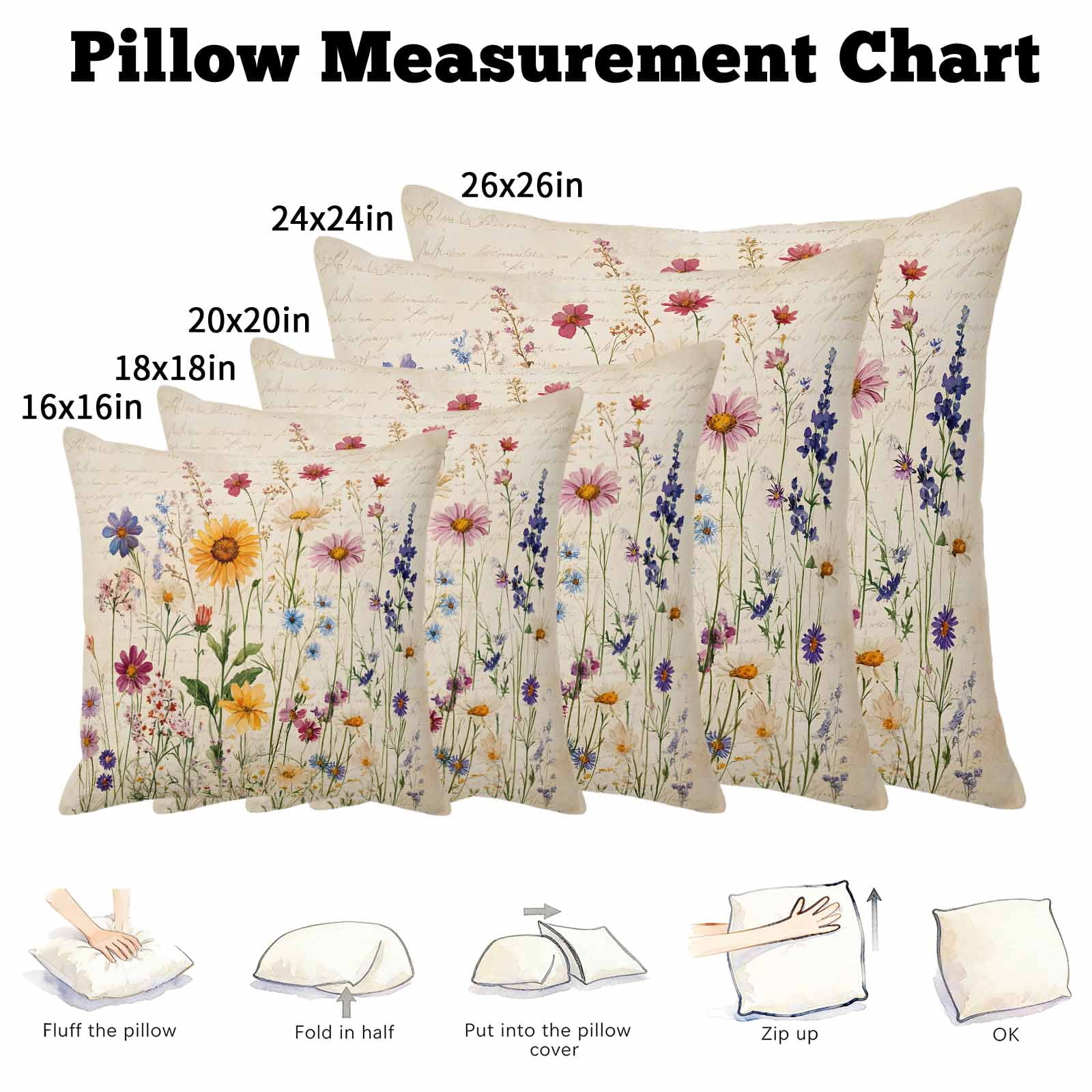 Spring Floral Pillow Covers 18x18 Inch, Vintage Pastoral Rustic Botanical Flowers Linen Pillowcase with Invisible Zipper, Decorative Throw Pillow Covers Cushion Case for Couch Sofa Bed Living Room