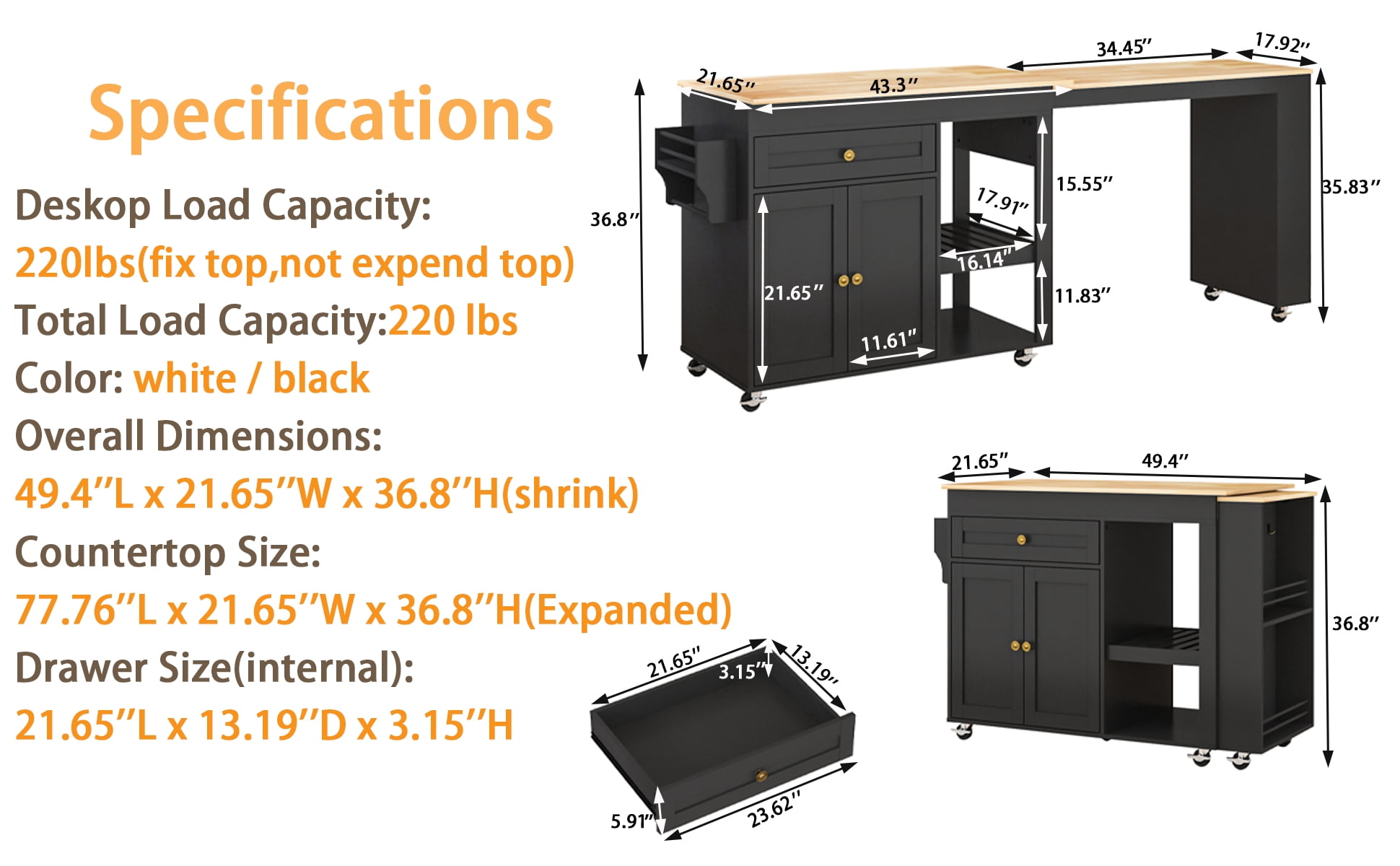 JassmiPkwy 77.8 " Rolling Kitchen Island with Extendable Dining Table, with Wheels, Sided Storage Shelf, Black