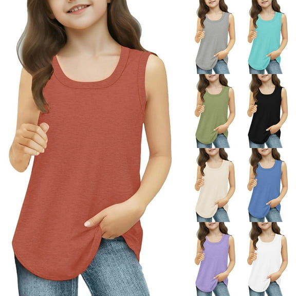 GERsome Girls Tank Tops Solid Color Square Neck Sleeveless T-Shirts Summer Loose Fit Athletic Workout Gym Tops 3-14 Years