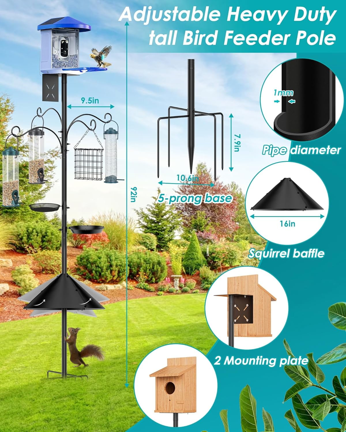 Bird Feeder Pole Squirrel Proof, 92 Inch Heavy Duty Bird Feeder Pole for Outdoor Metal Pole Birds Feeding Station for Wild Birds Watching Attracting (BirdsHouse Not Included)