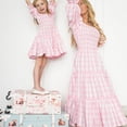 thumbnail image 2 of FYMNSI Mommy and Me Pink Plaid Tiered Dress Half Sleeve Spring Summer A-Line Dress Tea Party Ruffle Dress Family Matching Outfit Mom-S Plaid, 2 of 6