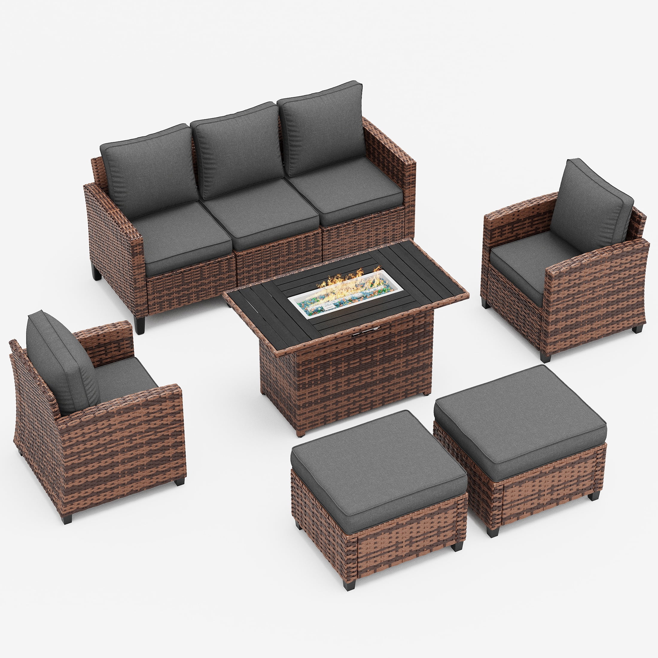 Poteban Outdoor Patio Furniture Set with 44" Fire Pit Table, 6 Pieces Sectional Conversation Sets, All-Weather Wicker Rattan Sofa Ottoman with 4" Thick Cushion for Garden Backyard Deck, Dark Grey